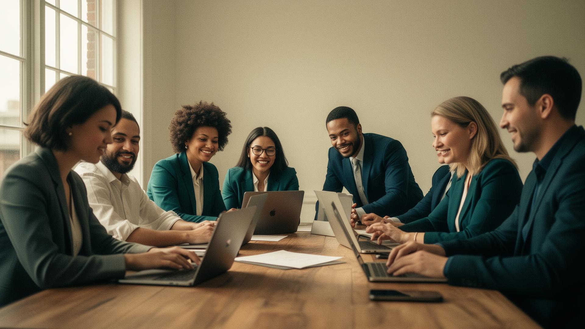 Strategic insurance agency team meeting in a warm modern office