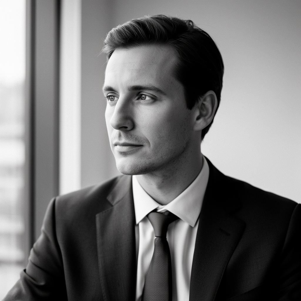 Life insurance advisor in a suit looking out of an office window