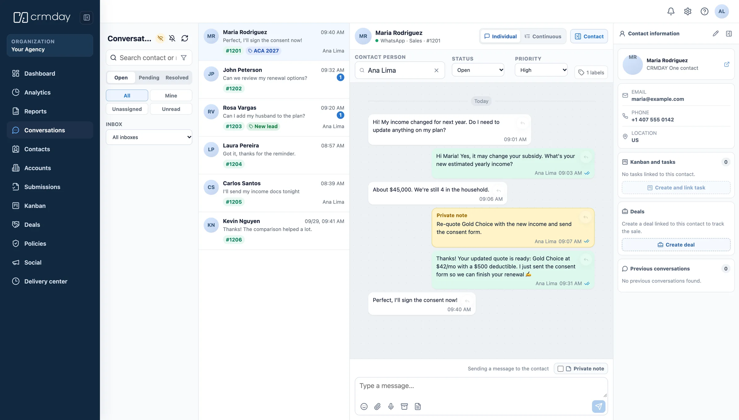 CRMDAY One conversations module showing a shared inbox with client context