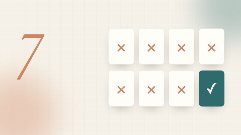Illustration of a grid of seven cards, several marked with an X and one with a check