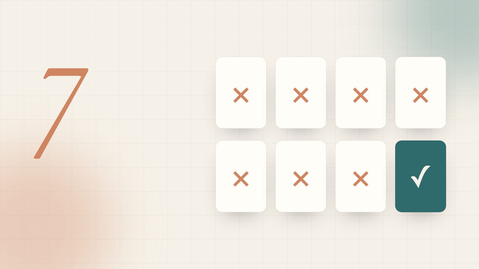 Illustration of a grid of seven cards, several marked with an X and one with a check