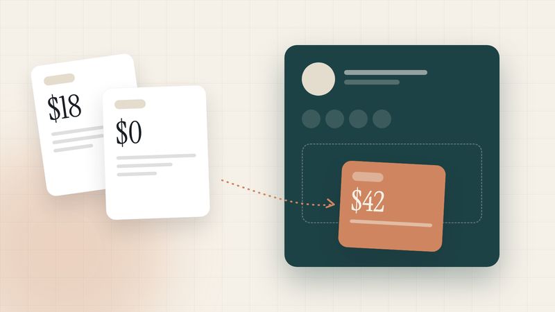 Illustration of three plan cards sliding into a client profile inside a connected workspace