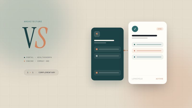 Editorial conceptual illustration showing two interlocking operational systems: an enrollment engine and a client lifecycle platform