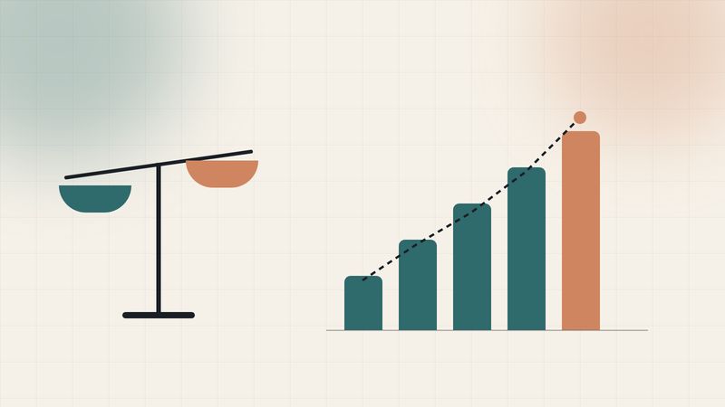Illustration of rising bars with a trend line and a balance scale