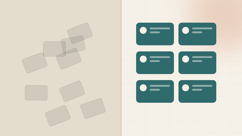 Illustration split in two: loose grey boxes on one side and organized petrol cards on the other