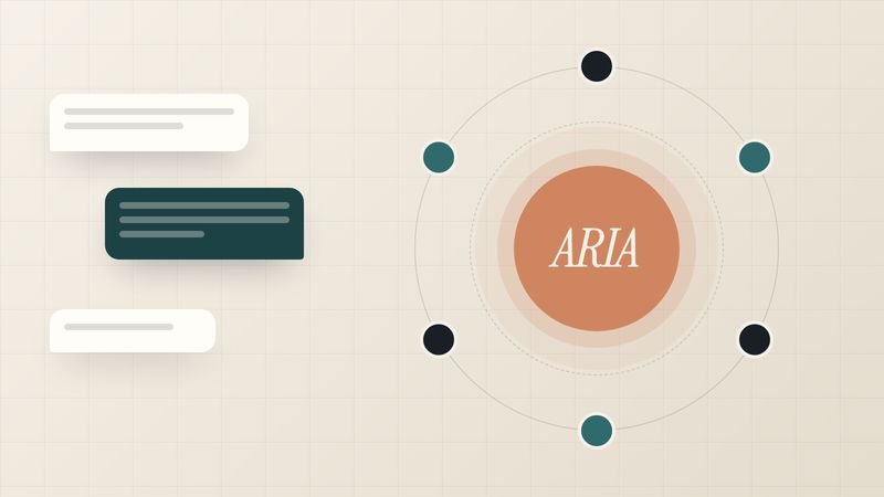 Illustration of the ARIA AI core connected to communication channels and chat messages