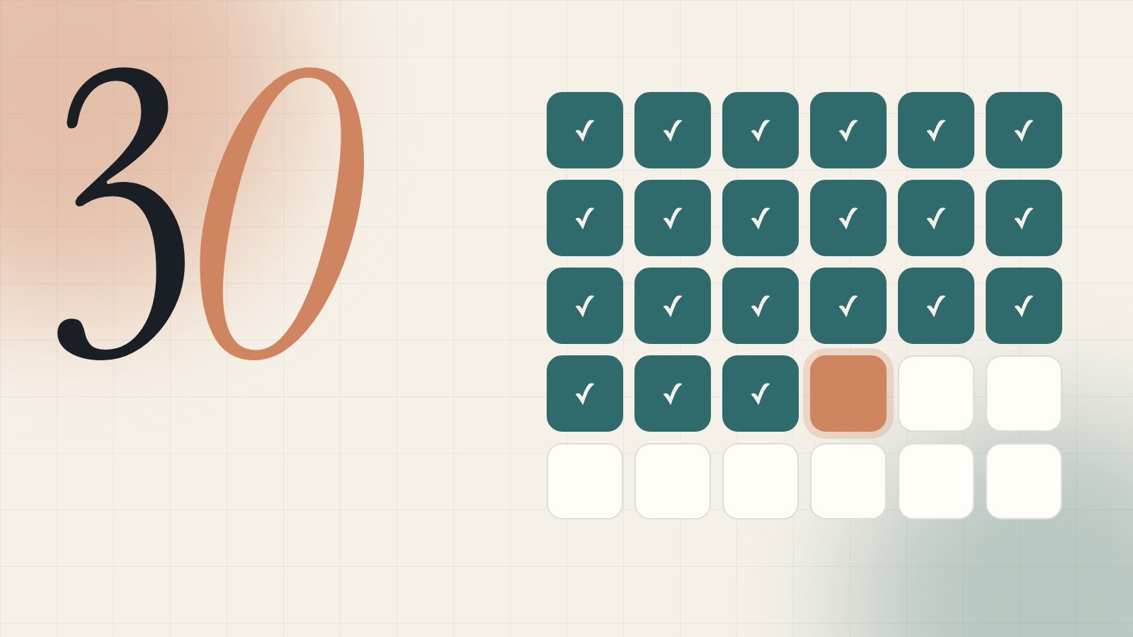 Illustration of a 30-day checklist grid with most days completed