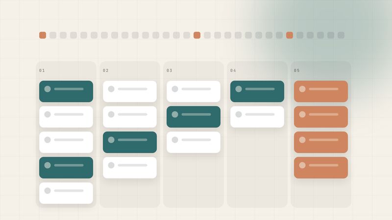 Illustration of a five-column Kanban board with renewal cards moving from left to right under a calendar strip